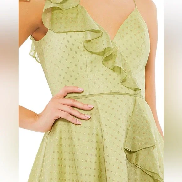 Mac Duggal 70163 V-Neck Ruffled Faux Wrap Hi Low Midi Green Dress Polka Dot 10‎ - Picture 5 of 6